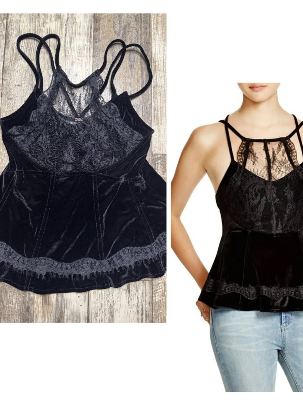 Free People Adalia Velvet Peplum Top Black Lace Strappy Boho XS